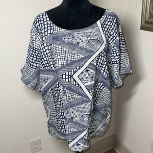 Wanni Fuga blue white pullover lightweight short sleeves top blouse Sz‎ XL - 1X